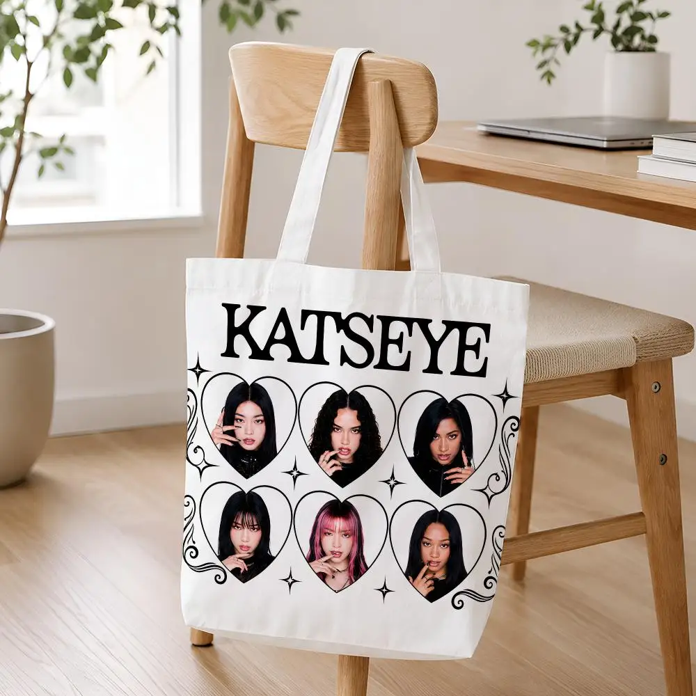K-KATSEYE Fashion Portraits Storage Bags Lightweight Foldable Canvas Tote For Shopping Commuting And Travel