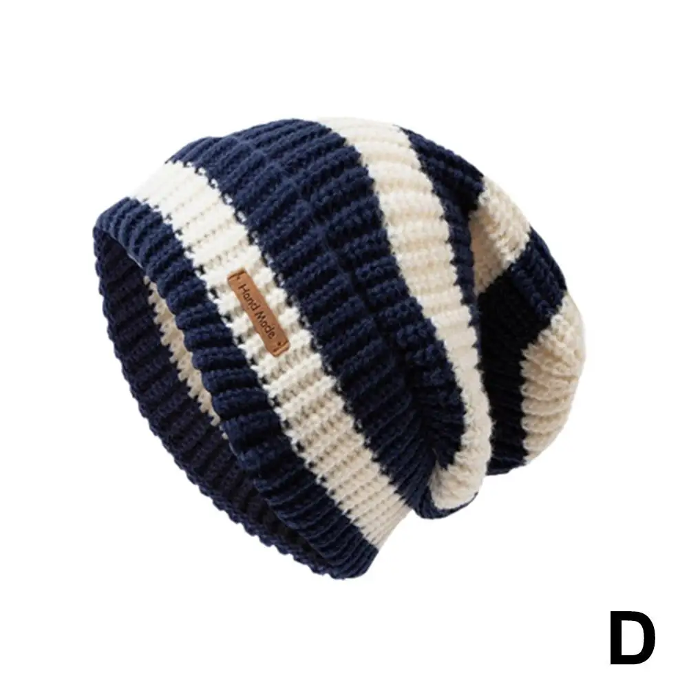 Winter Women's Japan Style New Leather Label Striped Hat Versatile Knitted Knitted Loose Waist Idol Hat Same Style Fashiona K2h2