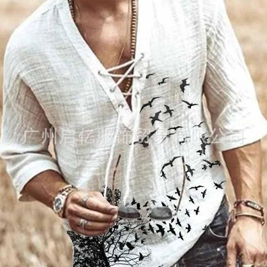 Men's Chest Lace-Up Printed Medium Sleeve T-Shirt Shirt