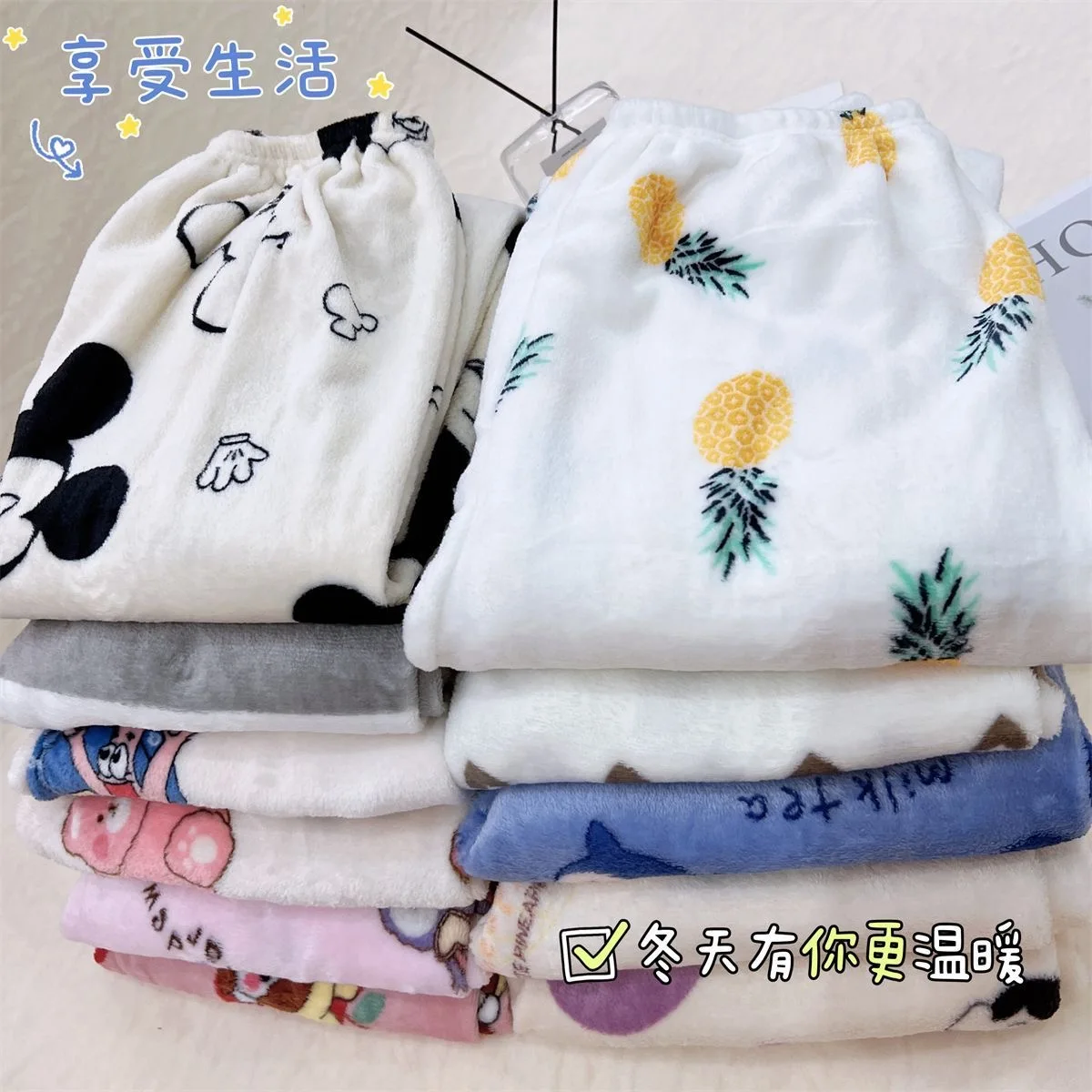 Winter Warm Flannel Home Trousers Cartoon Printed Pajama Pants For Women Y2K Cute Fluffy Pyjamas Homewear Casual Loose Sleepwear