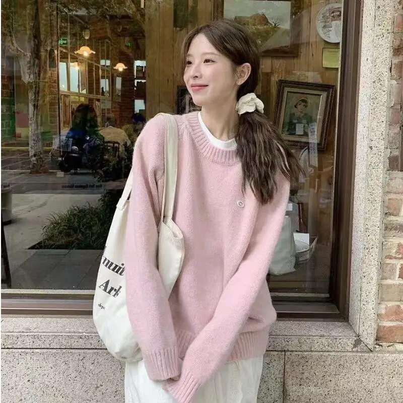 

Korean Pullover Knit Sweater Soft Young Women Casual Outer Wear Cute Peach Pink Sweet Gentle 2025 New Style Round Neck Fashion
