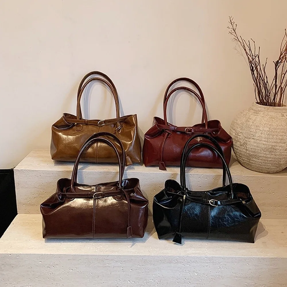 

New Oil PU Leather Handbag Large Capacity Casual Tote Bag Multifunctional Underarm Bag Work Shopping Travel