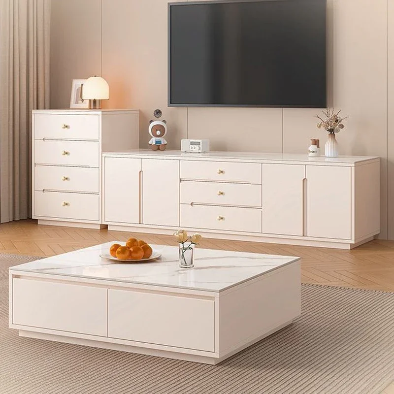 Solid wood TV cabinet slate small apartment light luxury home living room 2025 coffee table combination new floor-standing TV ca