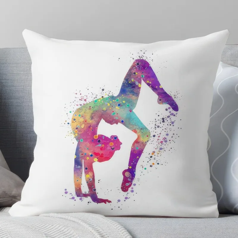 Gymnast Watercolor Art Pillow Cover Vibrant Dance Design Decorative Cushion Case  Zippered Machine Washable for Living Room