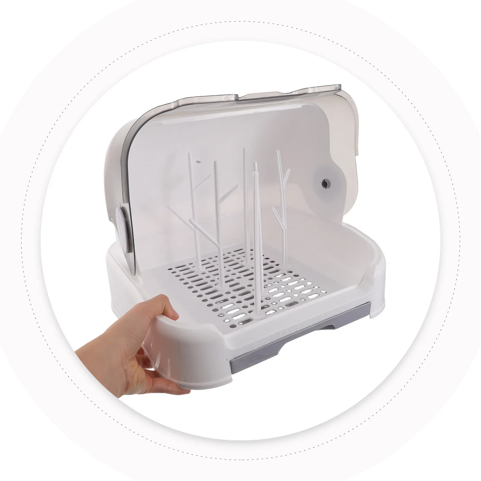 

Baby Bottle Drying Rack Storage Organizer Dustproof Lid Compact Plastic Rack for Countertop Nursery Space Saving Bottle Drainers