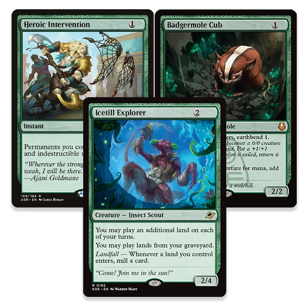 Cartes de collection TCG rares et magiques holographiques Badgermole Cub/Heroic Intervention/Icetill Explorer – Jouets pour garçons, cadeaux de Noël