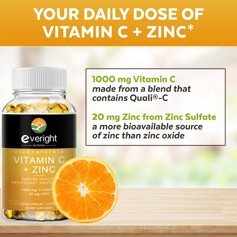 Suplemento de Vitamina C e Zinco, Suplementos Antioxidantes para Suporte Imunológico e Saúde da Pele, 20 mg, 1000 mg