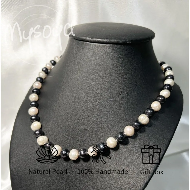 

MYSOYA Бело-черное ожерелье из пресноводного жемчуга 7-8 мм Подарочная коробка для нее/ему, на день рождения/свадьбу/юбилей/День святого Валентина