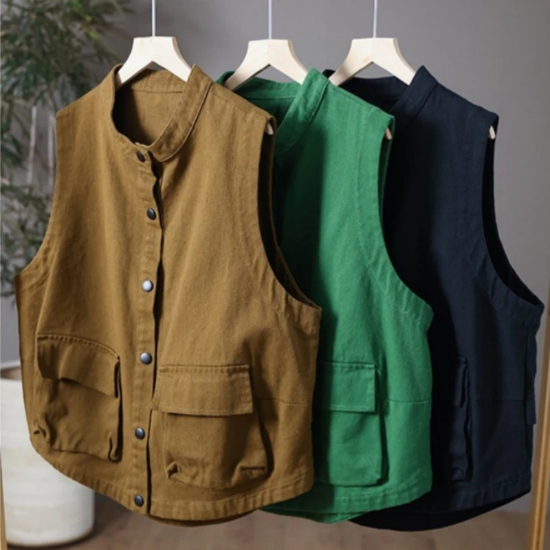 

Spring Autumn New Short Women's Waistcoat Japanese Tooling Vest Jacket Literary Solid Retro Casual Sleeveless Vest Female Tops
