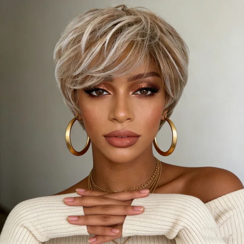 T African wig for women, fashionable short curly hair, gradient short hair synthetic fiber headpiece