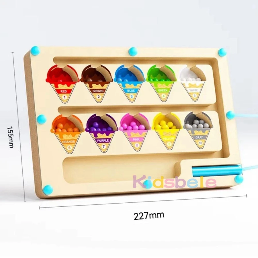 Brinquedo de classificação de cores montessori de madeira – Placa de aprendizagem de labirinto de contas magnéticas para educação infantil