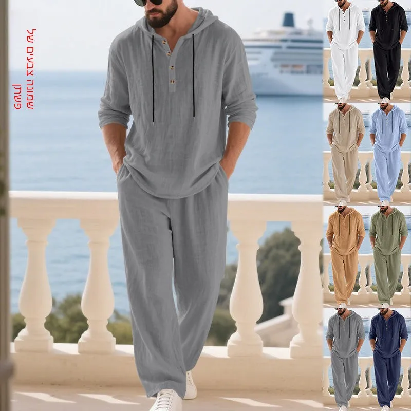 

Men's Linen Spring Autumn Loose Fit Hooded Henry Shirt Long Sleeve Long Pants Set T-Shirt Comfortable Breathable Casual Wear