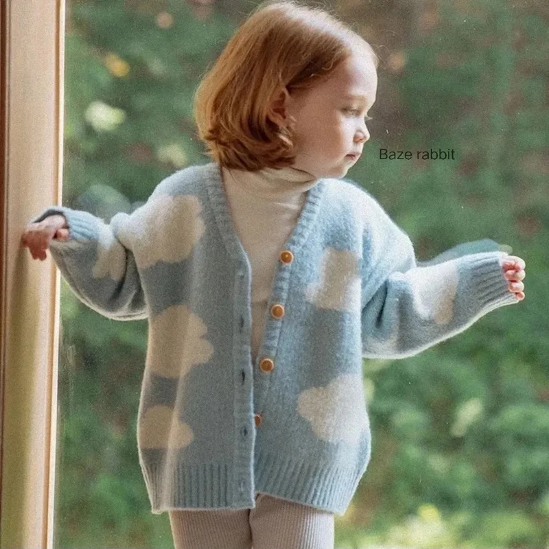 

Cloud Children's Knitted Cardigans V-neck Single Breasted Girls Sweater Coat Thickened Autumn Winter Baby Sweater Cardigans