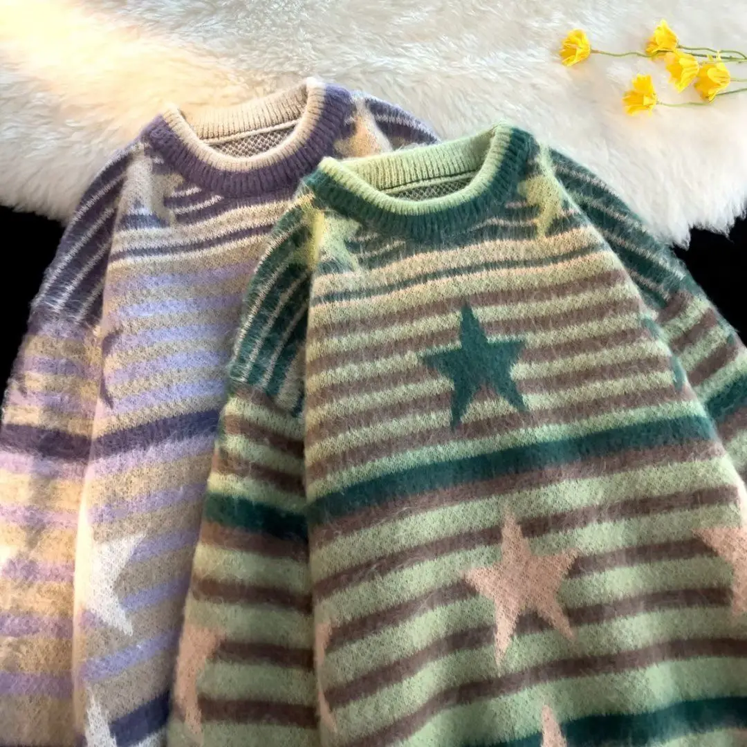 Y2K Star Sweater Women Harajuku Striped Knitted Pullovers Jumpers Female Tops Oversize Purple Green Streetwear Hip Hop