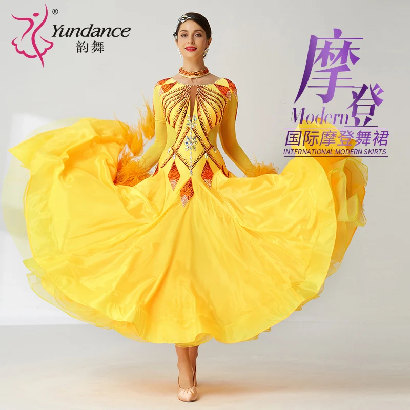

B-2084 High-end Modern Competition Dance Dresses International Standard Yellow Ballroom Dress With Ostrich Feather for Sale