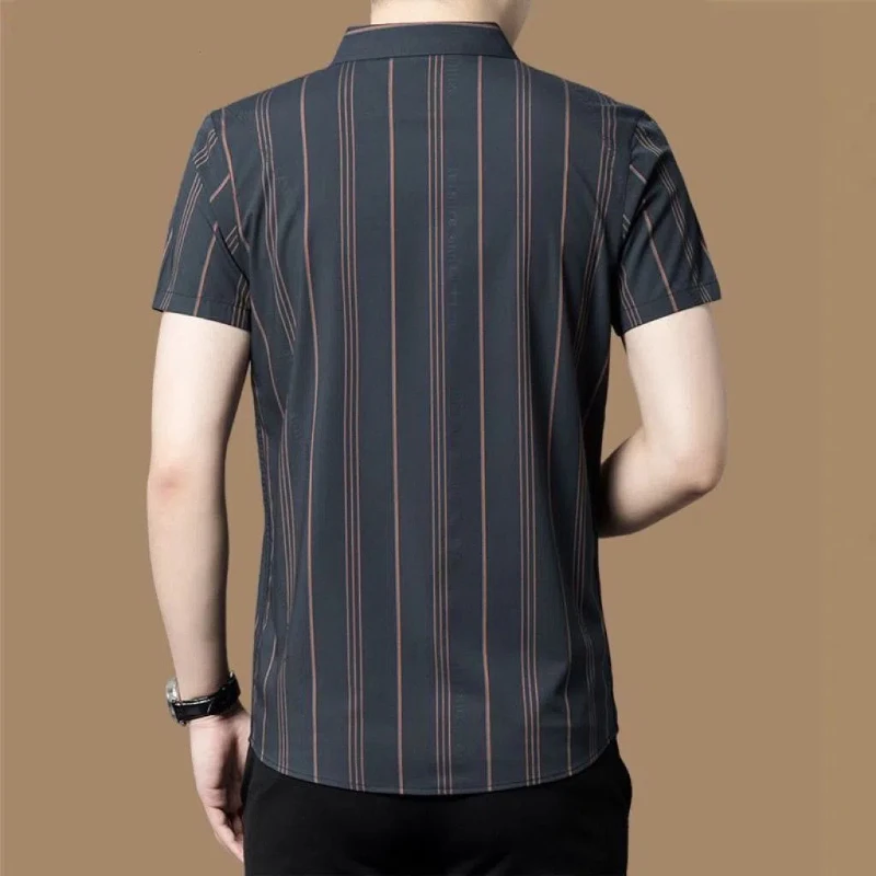 Smart Casual Simplicity Summer Thin Shirts Men\'s Square Collar Striped Single Breasted Trend Versatile Short Sleeve Slim Tops