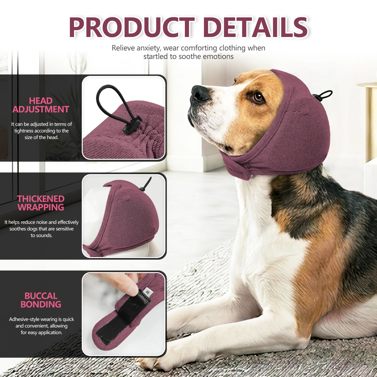 Verstellbare beruhigende Ohrenabdeckung für Hunde, geräuschunterdrückende Anti-Angst-Haube, weiche Haustier-Ohrenschützer für Gewitter, Autofahrten, Tierpflege – Detail 3