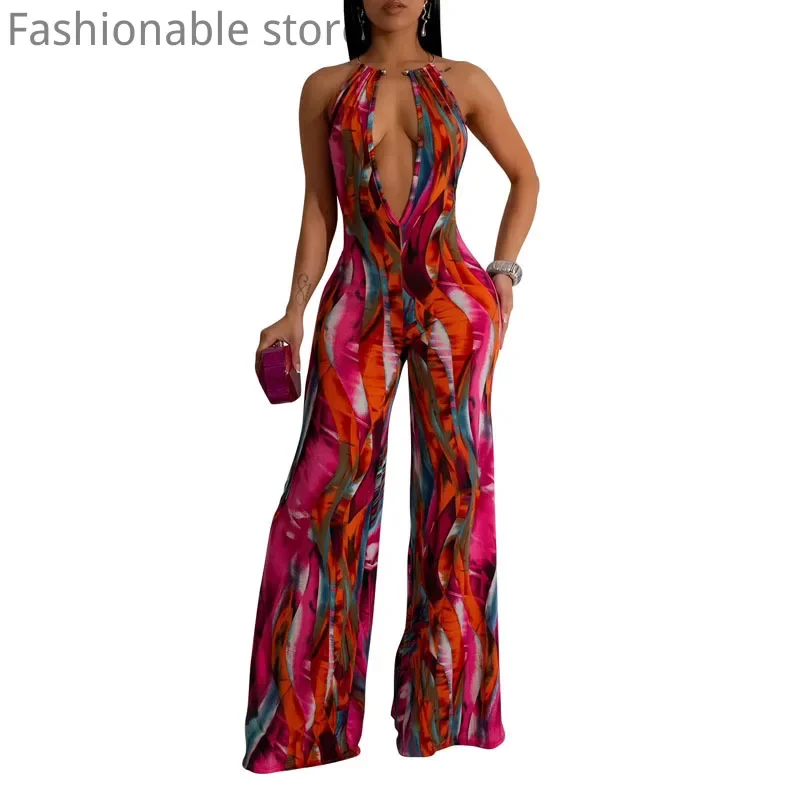 Women's Sexy Print Sleeveless Halter Deep V Neck High Waist Wide Leg Jumpsuits