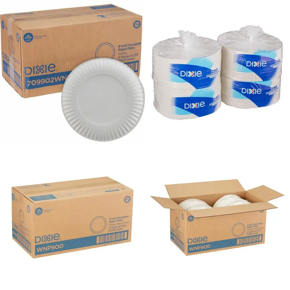 

Lightweight 9 Inch Paper Plates, 1000 Count, White, Pack of 250 Plates, Disposable Dinnerware for Parties