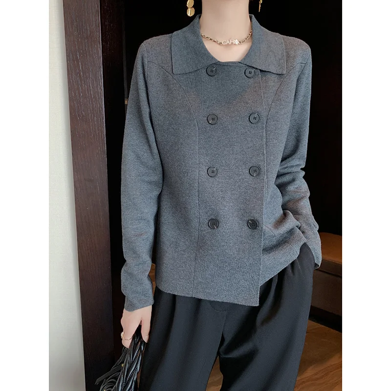 Women 100% Merino Wool Suit Jacket Double Breasted Suit Collar Cardigan Coat Thickened Knit Top Autumn Winter Warmth Sweater