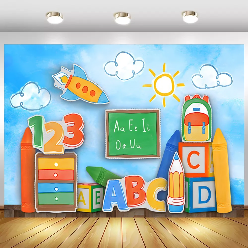 Laeacco-سبورة خيالية للعودة إلى المدرسة ، أقلام رصاص أرضية خشبية ، كتب ، ملصق حفلات ، خلفية صور ، خلفية تصوير