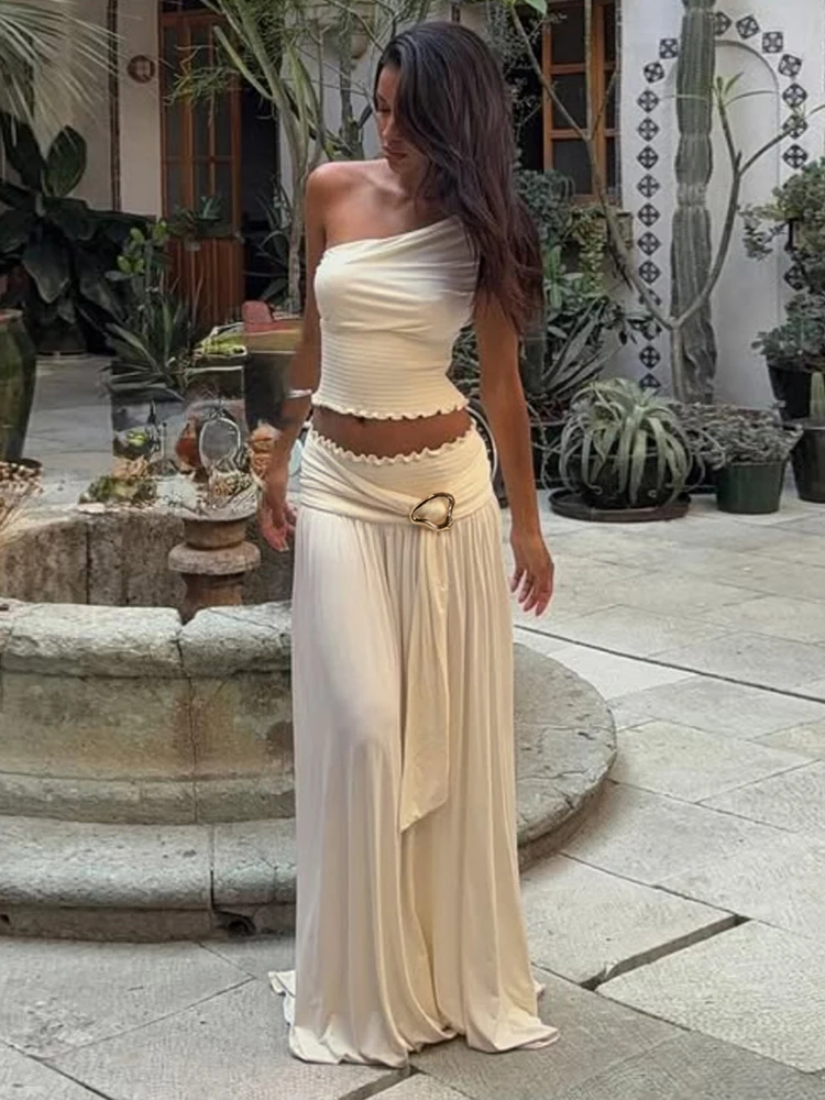 

Elegant High Street Women 2 Piece Set Chic Pleated Trim Incline Shoulder Tanks+Buckle Ribbons Maxi Skirts Female Outfits