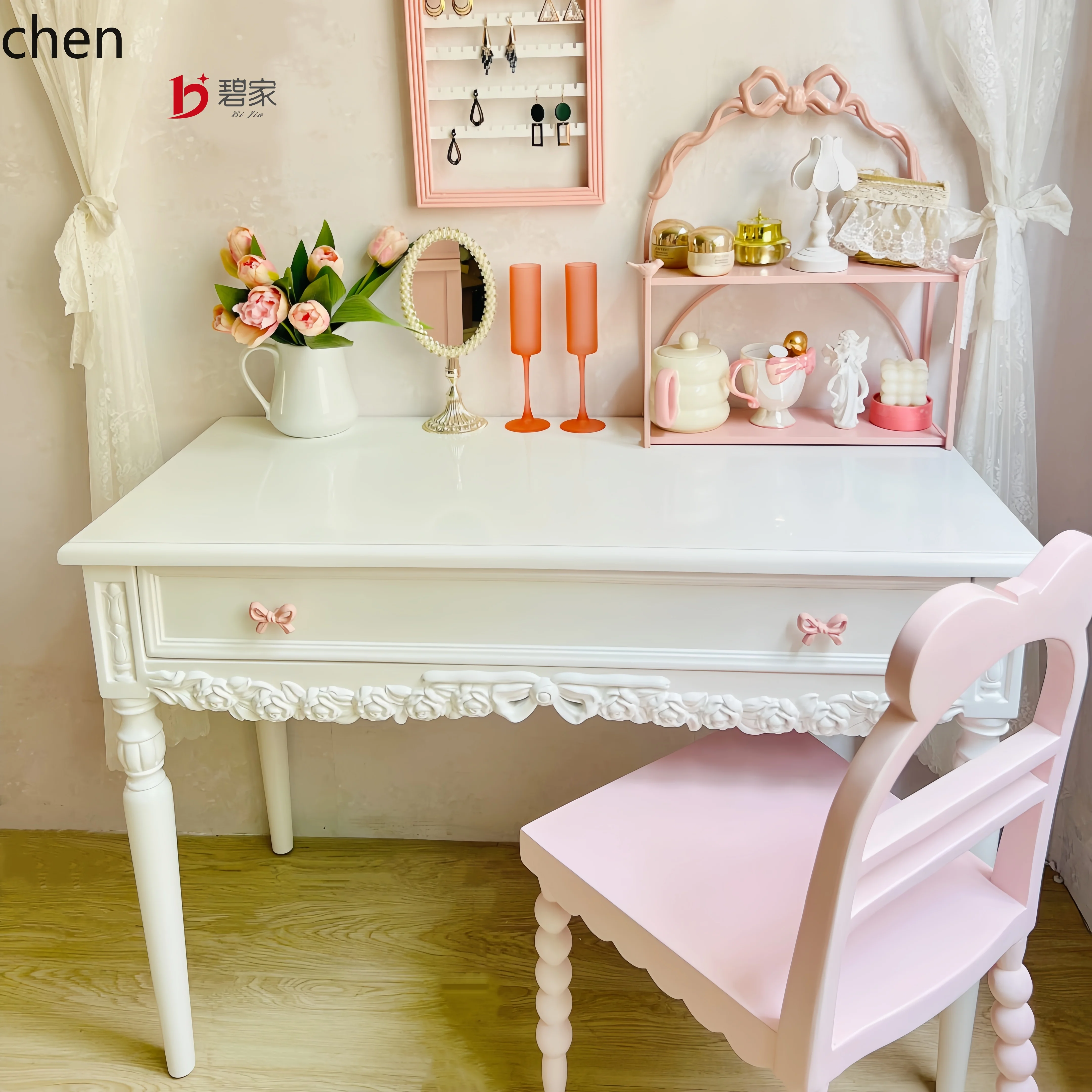 HT Carved Solid Wood Dressing Table Dopamine Makeup Desk Desk Integrated Princess Style Writing Desk