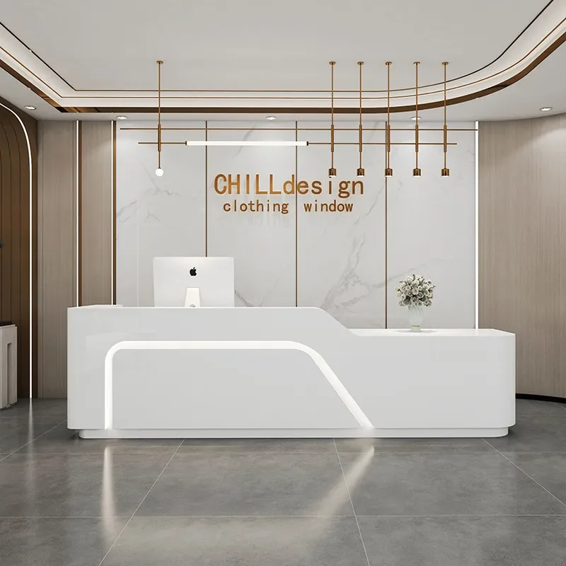 Simple Modern Curved Bar Counter White Baking Paint Front Desk Reception Desk for Company Beauty Salon Checkout Counter