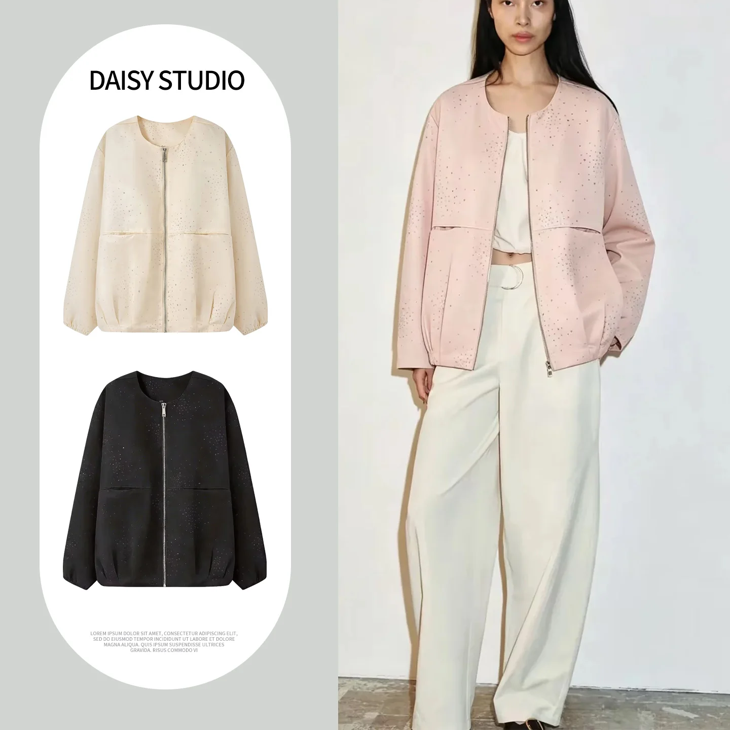

Spring Summer New Arrival Women's Commuter Style round Neck Long Sleeve Zipper Decorated Short Loose Jacket Outerwear