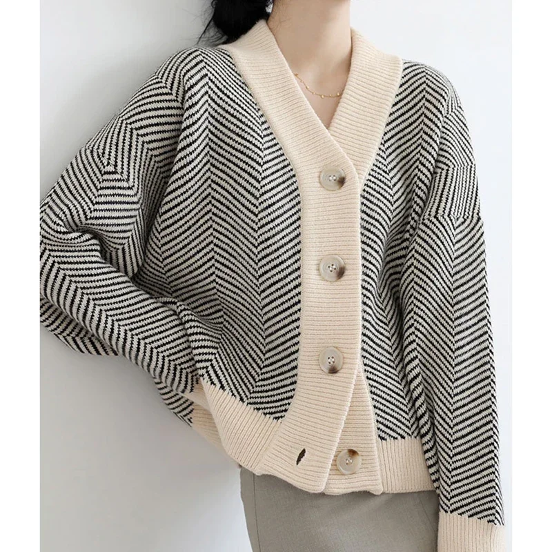 EVNISI Women Knit Loose Casual Sweater Coat Fall Winter Stripe Patchwork Sweater Thickened Warm Single-breasted Cardigan Sweater