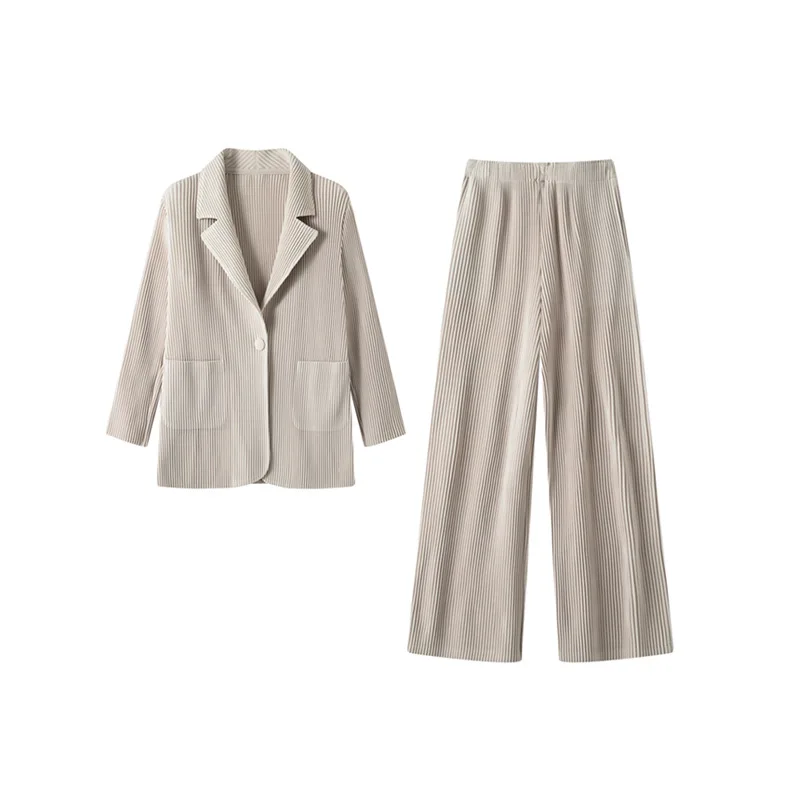 Miyake Pleated 2‑Piece Suit Women Lapel Blazer & Elastic Waist Wide Leg Pants Loose Wrinkle‑Resistant Commuter Co‑ord Set