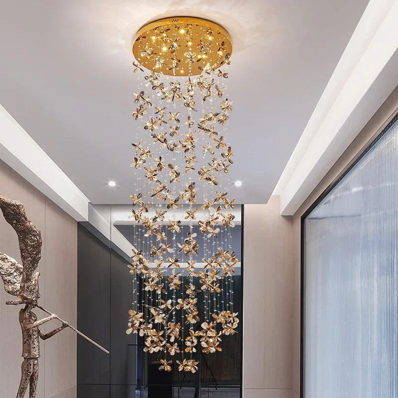 Modern Crystal Pendent Ceiling Light Staircase Drop Lighting Designer Villa Lobby Living Room Chandelier