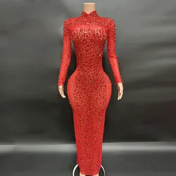 2026 Shining Red Silver Diamond Glam Evening Hosting Mesh Dress Chic and Sweet Evening Dress Women Dresses for Party and Wedding