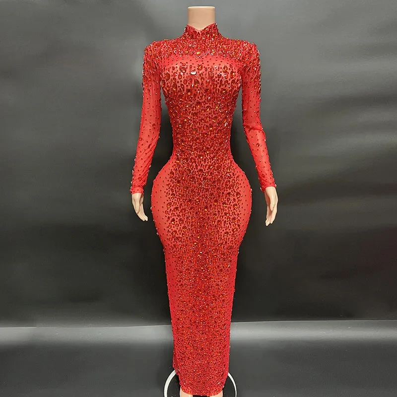 Shining Red Silver Diamond Sexy Evening Hosting Mesh Dress Chic and Sweet Evening Dress Women Dresses for Party and Wedding