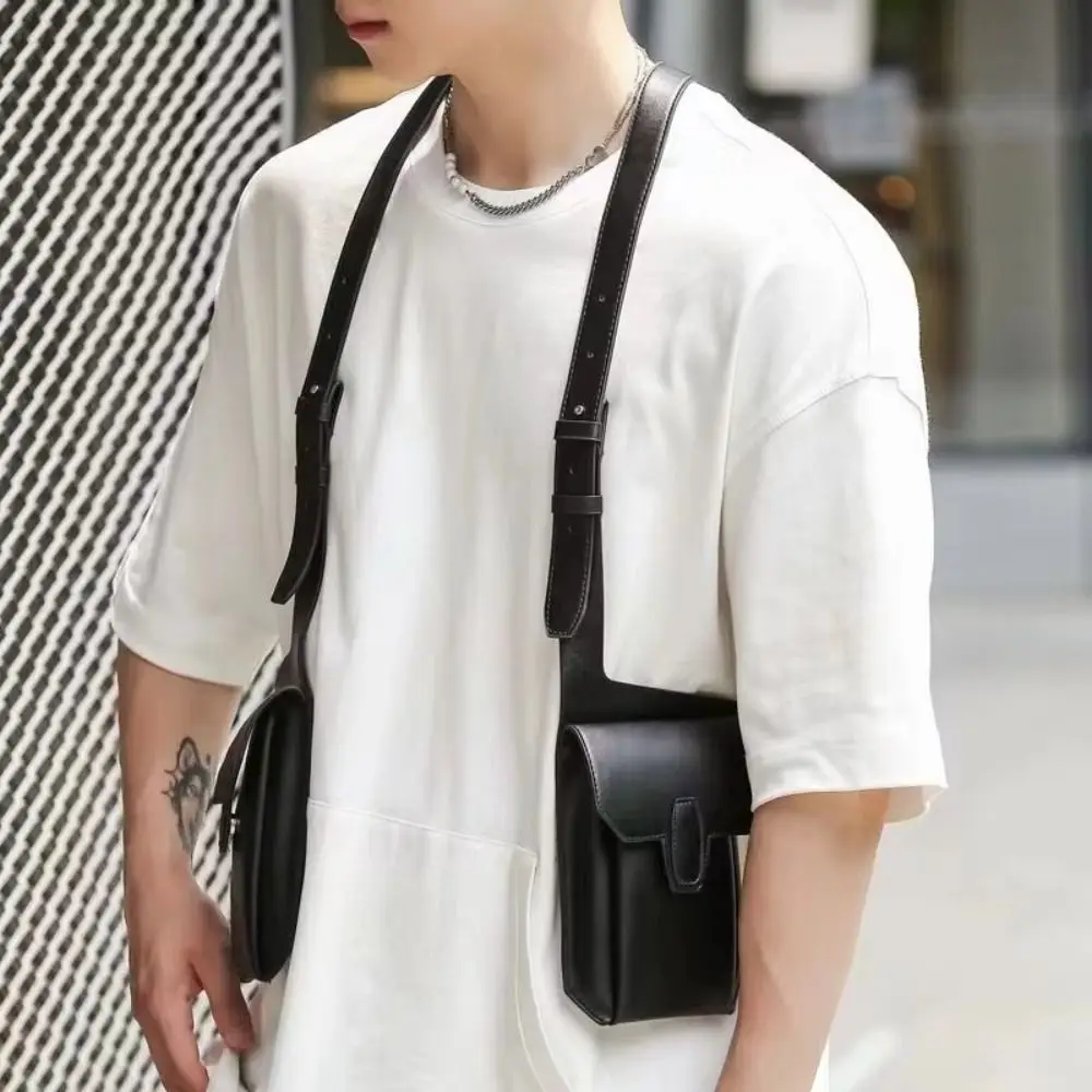 

Punk Style Hip Hop Clothing Chest Rig Bag Multi-function Storage PU Leather Vest Backpack Unisex Black Vest Bag Streetwear