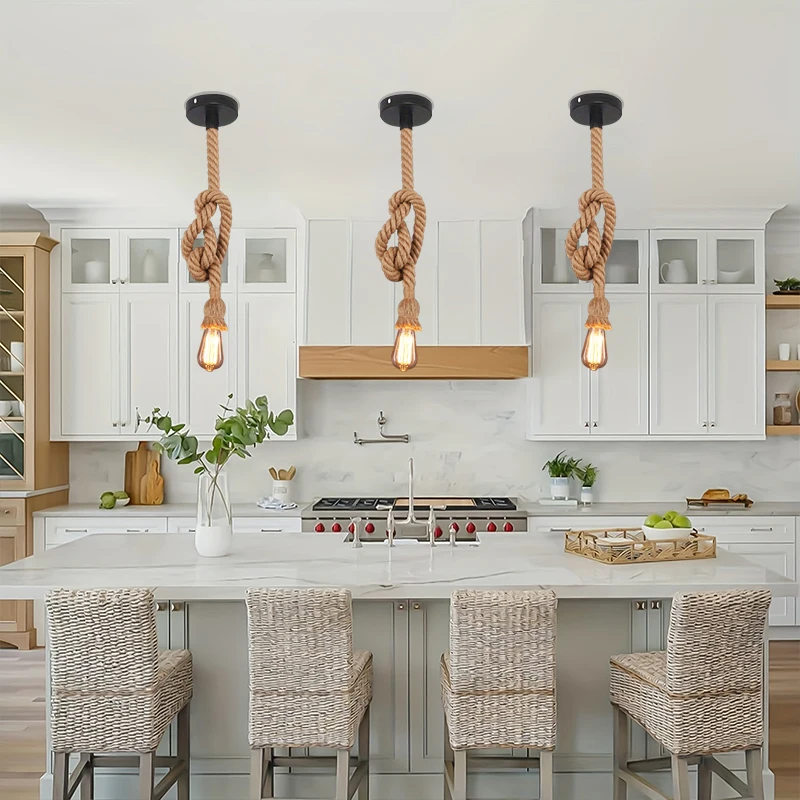 الريفية الرجعية حبل القنب الاستوائي E27 قلادة ضوء مطعم المطبخ منصة مشروبات الممر السرير تركيبات إضاءة الحمام