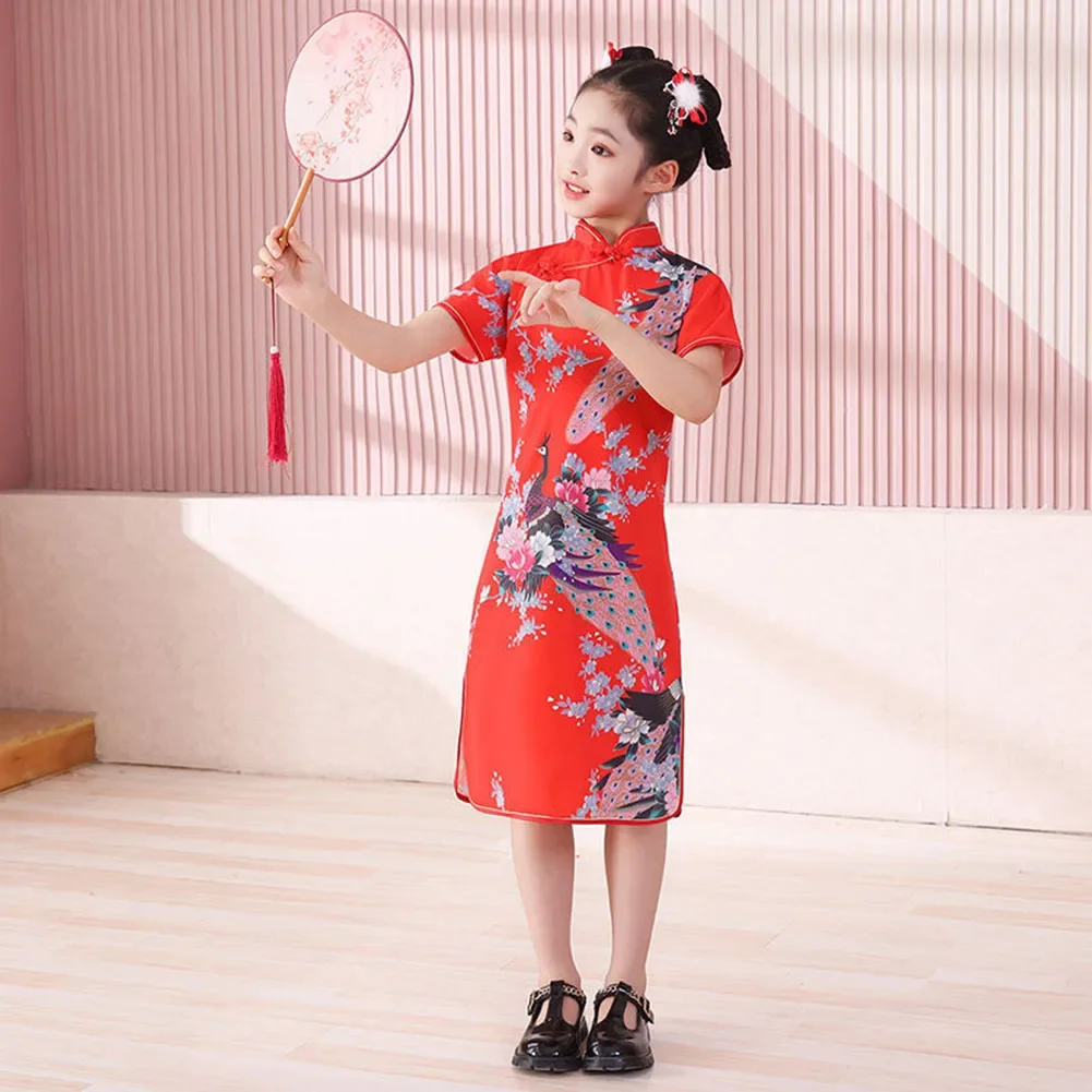 Children Peacock Cheongsam New Style Summer Kids Girls Tang Suit Hanfu Chinese Long Retro Dress Fashion