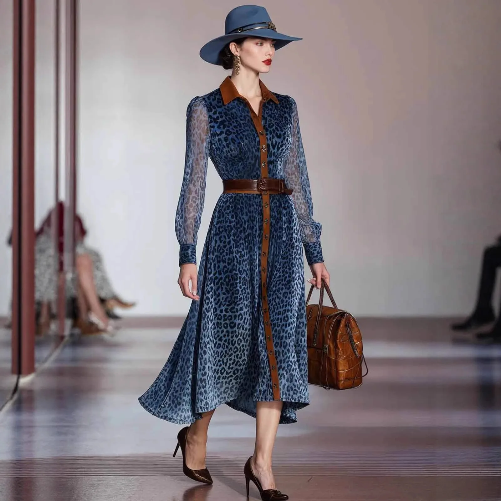 Elegant Leopard Print Long Dresses for Women Fashion Long Sleeve Turn Down Collar Women Dress Single Breasted Dress Vestidos