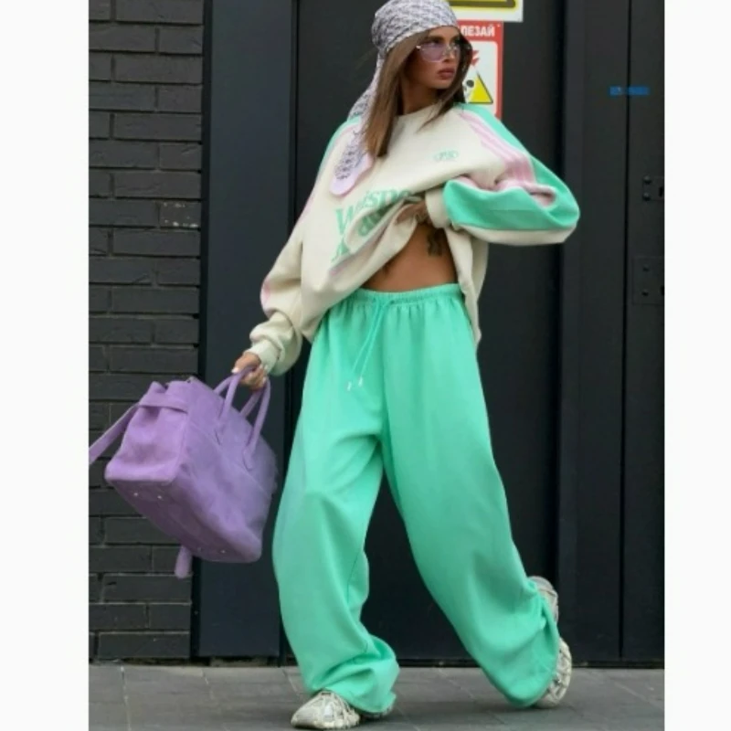 2026 Autumn New Fashionable American Personality Street High-end Sense Printed Letter Hoodie Patchwork Long Pants Two-piece Set
