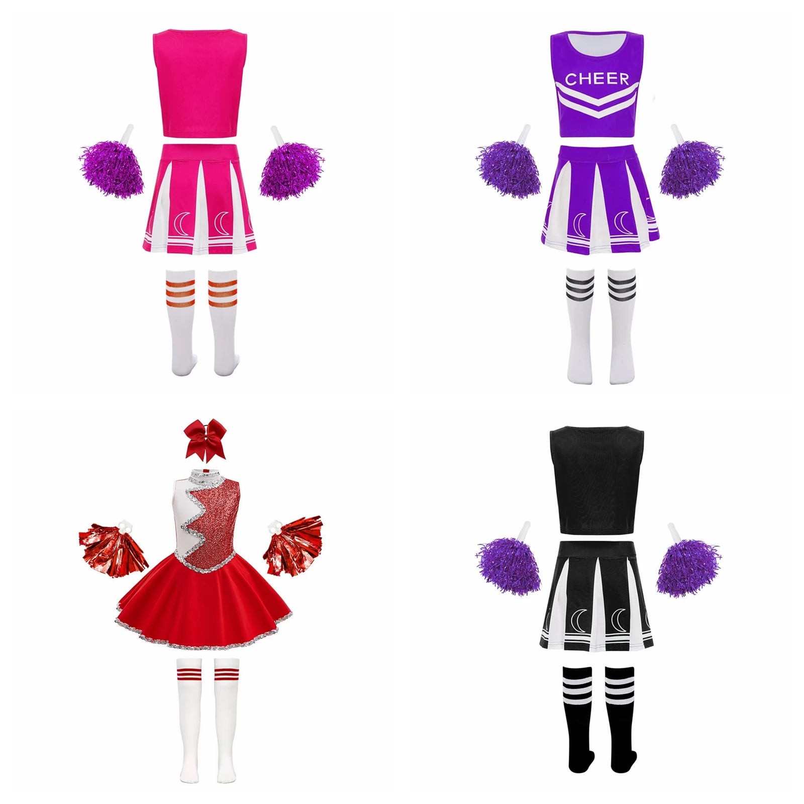Girls Cheerleading Dance Outfit Kids Glittery Sequins cheering Color Block Cheerleader Dress with Headwear Flower Balls Socks
