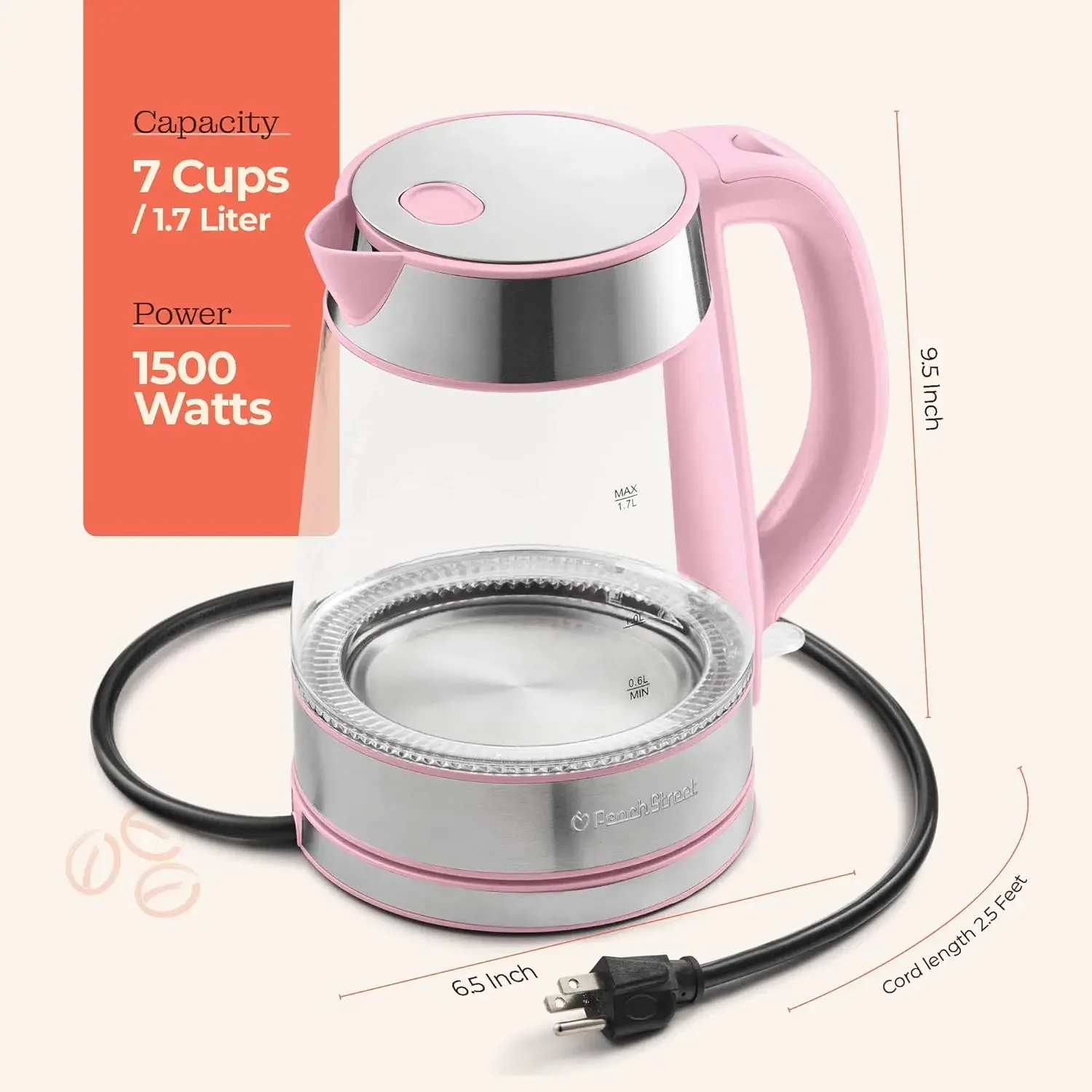 Electric Kettle - 1.7L Water Boiler 1500W, Coffee & Tea Kettle Borosilicate Glass, Easy Clean Wide Opening, Cool Touch Handle,