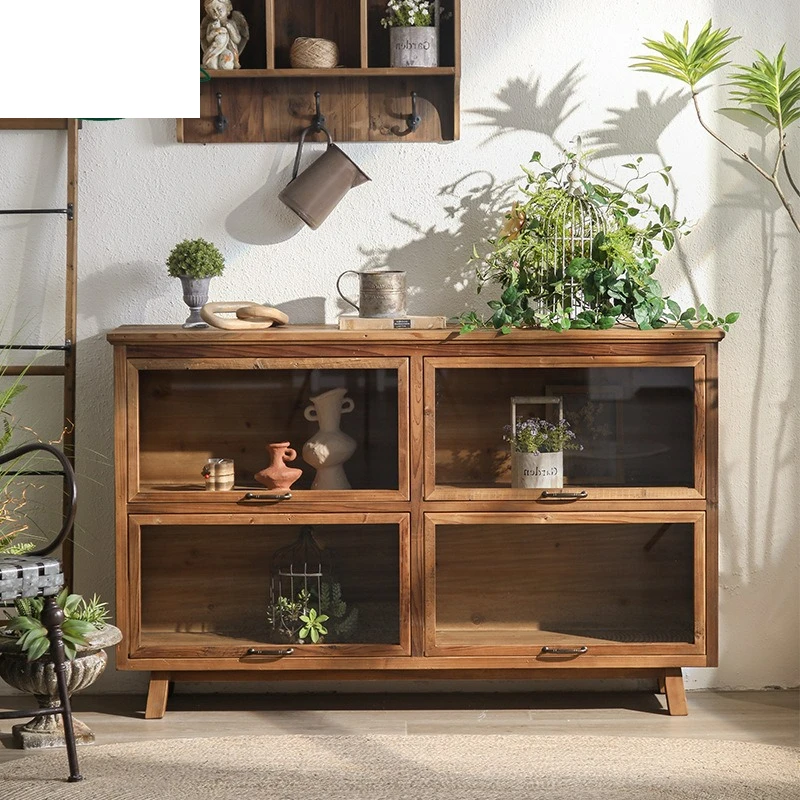 All solid wood log style retro dining side cabinet pull-up glass door lattice tea room old tea cabinet storage