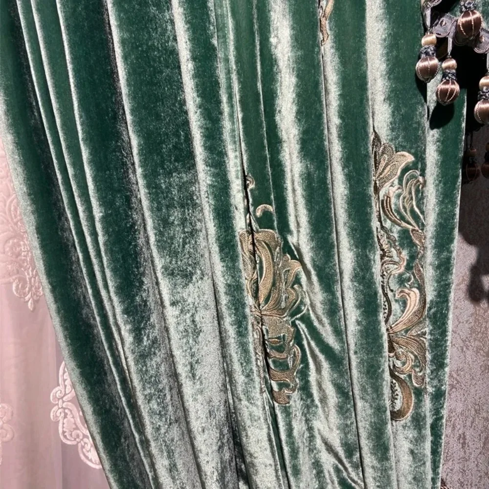 New Silk Velvet Green Embroidered Curtains for Living Room Bedroom High Window Villa Light Vintage Drapes Custom Rod Pocket