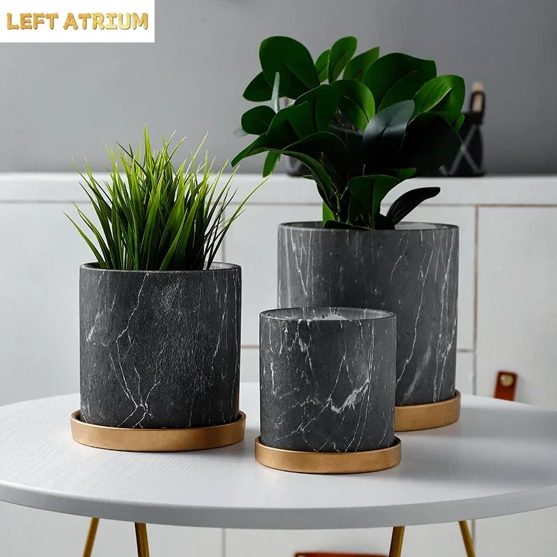 European Style Marbled Cylindrical Ceramic Flowerpot with Golden Tray Household Succulents Potted Gardening Garden Decoration