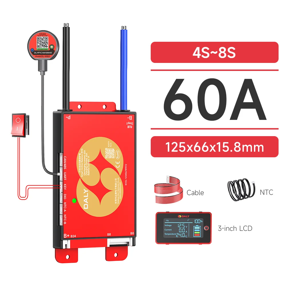 DALY Smart BMS 4S 8S 16S 40A 60A 100A 150A 200A 12V 24V 48V LiFePo4 1A Actieve Balancer BMS met LCD RS485 UART WIFI KEY