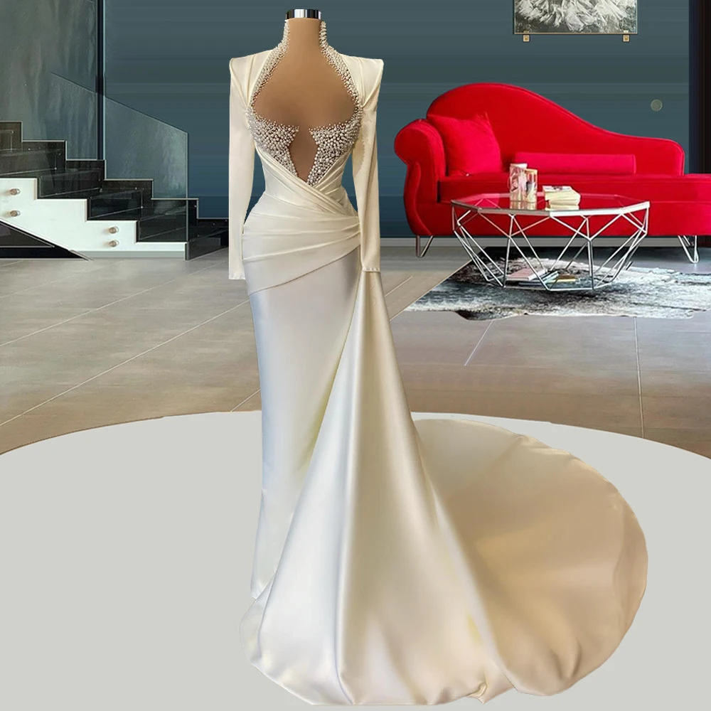 Exquisite White Wedding Dresses Long Sleeves Floor Length Mermaid Sweetheart Beading Cut out Smart Women Banquet Prom Gowns