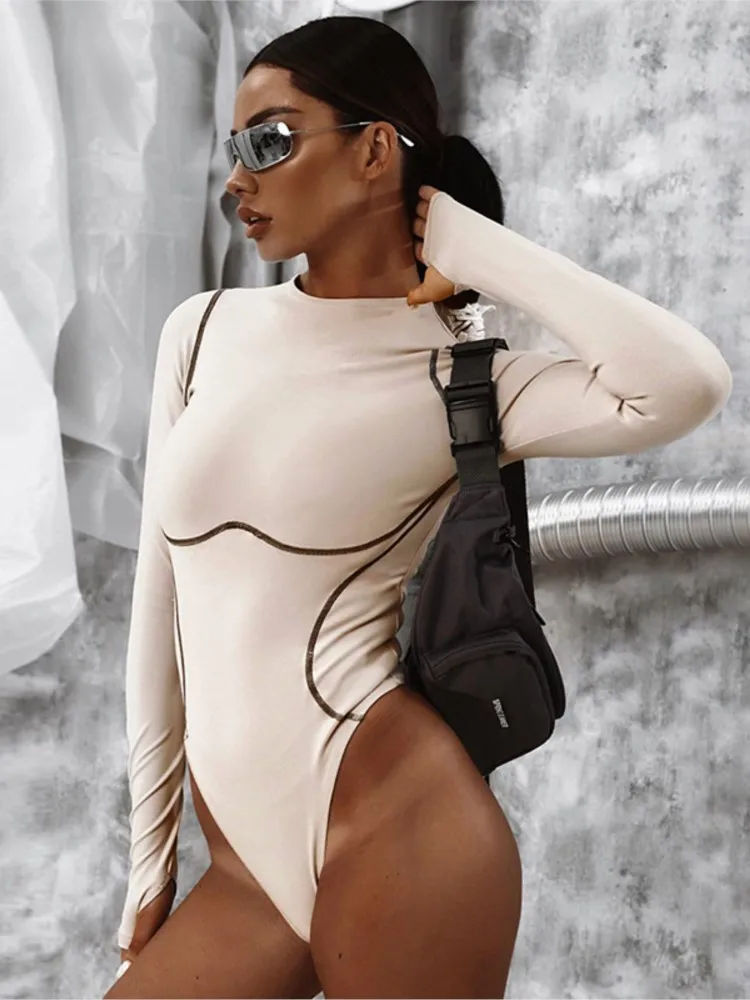 Women's Clothing Sexy New Long Sleeve Round Neck Jumpsuit Contrast Bodysuits Simple Style All-match Bodycon temperament Trendy