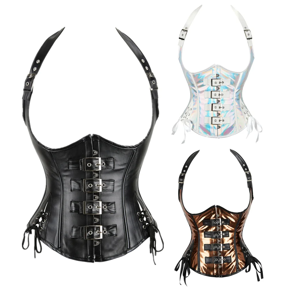 Women Gothic Corset Vest Tops Sexy PU Faux Leather Waist Trainer Halter Straps Underbust Corset Black White Coffee