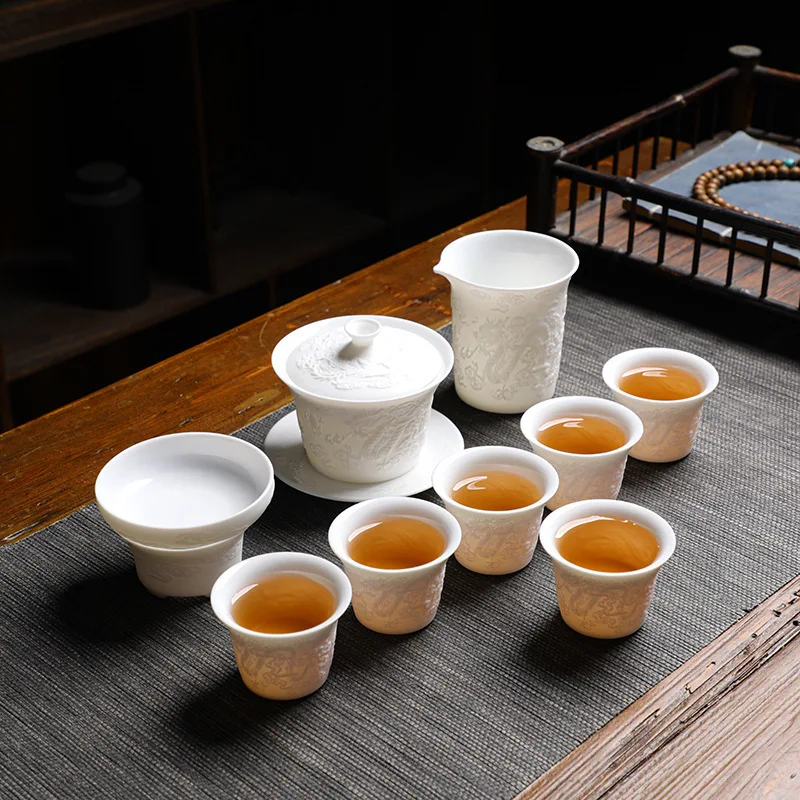 

Relief Simple Unglazed Lamb Fat Jade Porcelain Kung Fu Tea Box Set Six Cups Office Home Use Gift