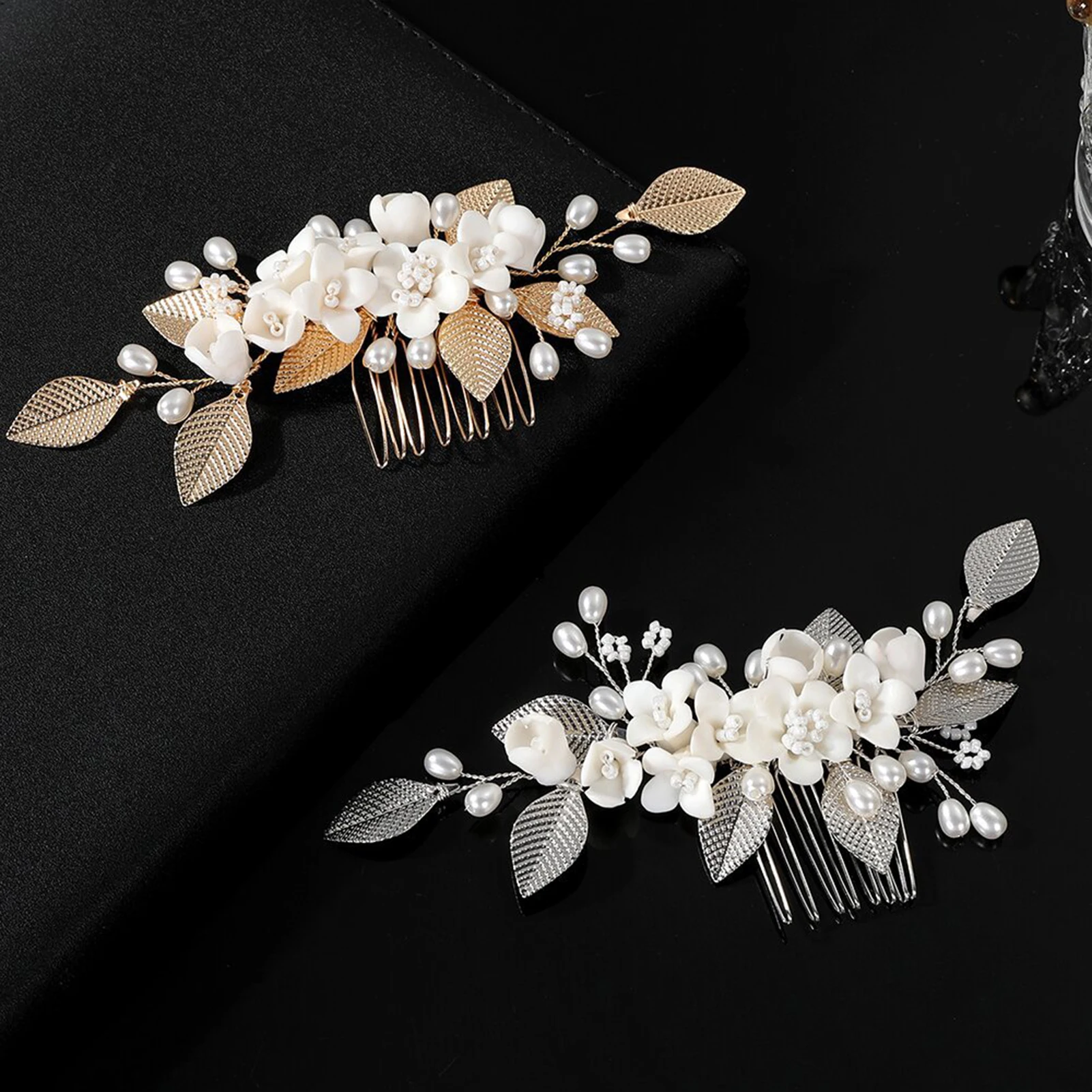 أنيقة زهرة بيضاء أمشاط الشعر الذهب/الفضة اللون سبائك ورقة دبابيس الشعر اللؤلؤ الاصطناعي العصابات الشعر العروس الزفاف الشعر مجوهرات #3